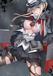  anchor asdj black_gloves black_legwear black_skirt blonde_hair blue_eyes breasts capelet celtic_knot commentary_request cowboy_shot gloves graf_zeppelin_(kantai_collection) hair_between_eyes hair_over_one_eye hat highres iron_cross kantai_collection large_breasts long_hair long_sleeves looking_at_viewer machinery military military_hat military_uniform miniskirt pantyhose parted_lips peaked_cap pleated_skirt rigging shirt sidelocks skirt solo torn_clothes torn_legwear torn_shirt turret twintails uniform white_hat 