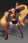  1girl bayonetta blonde_hair breasts crossover high_heels long_hair rwby scyfon solo twintails very_long_hair yang_xiao_long 