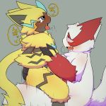  ambiguous_gender ambiguous_penetration anthro anthro_on_anthro blush claws duo fangs grey_background hi_res japanese_text male male/ambiguous male_penetrating mixeeeel nintendo penetration pok&eacute;mon pok&eacute;mon_(species) saliva sex simple_background text tongue tongue_out video_games zangoose zeraora 