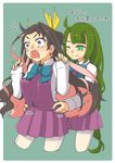  2girls ;) ahoge blue_bow bow braid brown_hair commentary_request expressive_clothes fang fingernails grabbing grabbing_from_behind gradient_eyes green_background green_eyes green_hair hands_up highres kantai_collection long_hair macbail mole mole_under_mouth multicolored multicolored_eyes multicolored_hair multiple_girls naganami_(kantai_collection) one_eye_closed pantyhose pink_hair seamed_legwear shirt side-seamed_legwear simple_background skirt smile surprised torso_grab translation_request two-tone_hair very_long_hair vest wavy_hair white_legwear white_shirt yellow_bow yuugumo_(kantai_collection) 