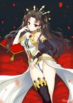  armlet bangs bare_shoulders black_hair breasts bridal_gauntlets crown earrings fate/grand_order fate_(series) gem hair_ribbon himaya hoop_earrings ishtar_(fate/grand_order) jewelry long_hair long_legs looking_at_viewer lying medium_breasts necklace on_back parted_bangs petals pillow red_eyes ribbon single_bridal_gauntlet single_thighhigh smile solo thighhighs thighs two_side_up 