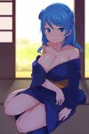  architecture bare_shoulders blue_eyes blue_hair blue_kimono blush breasts cleavage closed_mouth collarbone doorway double_bun east_asian_architecture eyebrows_visible_through_hair highres indoors japanese_clothes kantai_collection kimono large_breasts long_hair long_sleeves looking_at_viewer obi off_shoulder sash senbei_(senbe_i) sitting smile solo urakaze_(kantai_collection) wide_sleeves wooden_floor yokozuwari 