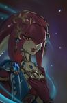  absurdres commentary crying dreri fish_girl gem hair_ornament hands_on_own_chest highres jewelry lipstick makeup mipha multicolored multicolored_skin necklace red_lips solo tears the_legend_of_zelda the_legend_of_zelda:_breath_of_the_wild yellow_eyes zora 