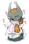  1girl amber_eyes blush embarrassed feet hair_ornament hands_up headgear kneeling looking_away midna mizone no_humans orange_hair pillow pointy_ears ponytail scrunchie seiza sitting solo sweat text the_legend_of_zelda the_legend_of_zelda:_twilight_princess tied_hair translation_request yes-no_pillow 