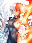  bodysuit boku_no_hero_academia breasts fire fumio_(rsqkr) genderswap genderswap_(mtf) gloves hand_on_hip ice large_breasts lips looking_at_viewer parted_lips short_hair silver_eyes simple_background single_glove solo thighs todoroki_shouto torn_bodysuit torn_clothes white_background 