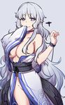  bangs bare_shoulders blush breasts cleavage closed_mouth commentary commentary_request eyebrows_visible_through_hair grey_background grey_hair hand_up hands_up highres japanese_clothes kimono large_breasts long_hair looking_at_viewer naked_kimono original pointy_ears purple_eyes simple_background smile solo thick_eyebrows very_long_hair wavy_hair wide_sleeves wristband xiujia_yihuizi 