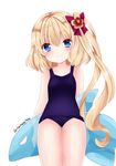  alternate_costume alternate_eye_color arms_behind_back bad_id bad_pixiv_id blonde_hair blue_eyes blush breasts cowboy_shot flandre_scarlet flower hair_flower hair_ornament hair_ribbon inflatable_dolphin inflatable_toy looking_at_viewer nanase_nao no_wings one-piece_swimsuit ribbon school_swimsuit short_hair side_ponytail simple_background small_breasts smile solo swimsuit thigh_gap thighs touhou twitter_username white_background 