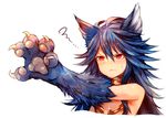 absurdres animal_ears blue_hair claws commentary_request fenrir_(shingeki_no_bahamut) frown fur glint granblue_fantasy highres jewelry long_hair outstretched_arm paws red_eyes shingeki_no_bahamut simple_background solo squiggle sukemyon sweatdrop upper_body white_background wolf_ears 