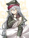  bangs blush chestnut_mouth coat commentary flat_cap g11_(girls_frontline) girls_frontline grey_hair hair_between_eyes half-closed_eyes hand_up hat holding holding_pillow korean long_hair looking_at_viewer messy_hair myo_ne open_clothes open_coat open_mouth pillow sleepy solo tareme upper_body very_long_hair yawning yellow_eyes 