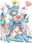  :d angel_wings bare_shoulders blue_eyes blue_footwear blue_hair blue_panties blush boots breasts chocolate chocolate_heart cleavage commentary_request detached_sleeves feathered_wings groin hair_between_eyes halo head_wings headgear heart hisho_collection large_breasts looking_at_viewer navel official_art open_mouth panties parted_lips pointy_ears sitting smile solo stomach string_panties thigh_boots thighhighs toshi underwear valentine wariza wings 
