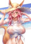  animal_ears arms_up bai_linqin bangs beach blush breasts brown_eyes collarbone commentary_request covered_nipples day ears_through_headwear eyebrows_visible_through_hair fate/grand_order fate_(series) hand_on_headwear hat highres large_breasts long_hair looking_at_viewer navel ocean outdoors parted_lips pink_hair shirt short_sleeves smile solo straw_hat sun_hat t-shirt tamamo_(fate)_(all) tamamo_no_mae_(fate) tamamo_no_mae_(swimsuit_lancer)_(fate) upper_body v v-neck wavy_hair wet wet_clothes wet_shirt white_shirt 