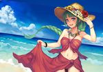  \||/ absurdres ass_visible_through_thighs bangs bare_arms bare_shoulders beach bikini_bottom blue_eyes blue_sky blunt_bangs bracelet braid breasts cleavage cloud cowboy_shot day floating_hair flower flower_necklace green_hair halter_top halterneck hand_on_headwear hat hat_flower hatomugi_seika highres jewelry kantai_collection light_blush long_hair looking_at_viewer medium_breasts midriff mole mole_under_mouth navel necklace ocean open_mouth outdoors red_bikini_bottom sarong sarong_lift sidelocks sky smile solo standing sun_hat swimsuit unfinished very_long_hair water waves yuugumo_(kantai_collection) 