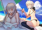  arm_support artoria_pendragon_(all) artoria_pendragon_(swimsuit_rider_alter) ass ass_grab beach beach_towel beach_umbrella bikini blonde_hair blood blush breast_press breasts choker cloud day fate/grand_order fate_(series) female_pervert grin jeanne_d'arc_(alter)_(fate) jeanne_d'arc_(fate)_(all) large_breasts looking_back lotion multiple_girls nosebleed nude one_eye_closed open_mouth outdoors pervert pinching saber_alter shoulder_blades sky smile swimsuit thighhighs thong_bikini towel ttheyue umbrella water wince you_gonna_get_raped yuri 