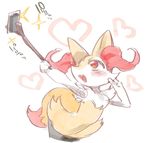 1girl amber_eyes animal_ears arm_up blush braixen cellphone fang fox_ears fox_tail furry hand_up heart jpeg_artifacts leaning_forward looking_up mizone no_humans open_mouth pokemon pokemon_(creature) pokemon_xy selfie selfie_stick simple_background smile solo standing stick tail teeth text tongue translation_request v white_background 
