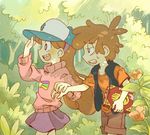  1girl annoyed bad_id bad_pixiv_id bags_under_eyes baseball_cap blush book borrowed_garments braces brother_and_sister brown_hair brown_shorts dipper_pines flower forest gravity_falls hairband half-closed_eyes happy hat holding holding_hands long_hair mabel_pines nature open_mouth pink_sweater profile purple_skirt red_shirt sanako_(sanagineko46) shirt shooting_star shorts siblings skirt sleeveless_jacket smile star star_print sweatdrop sweater t-shirt tired tree tree_print tree_shade turtleneck twins walking 