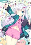  ;d arm_up bangs blouse blush bow copyright_name eromanga_sensei eyebrows_visible_through_hair frills hair_bow heart heart_pillow holding izumi_sagiri jacket long_hair long_sleeves looking_at_viewer low-tied_long_hair mitha navel one_eye_closed open_clothes open_jacket open_mouth pajamas pennant pillow pink_blouse pink_shorts purple_bow shorts smile solo star star_pillow stylus tablet 