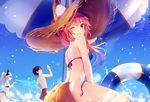  2girls animal_ears beach bikini black_hair blue_bikini blush clenched_teeth commentary_request day ears_through_headwear fate/grand_order fate_(series) fire fox_ears fox_tail from_side fujimaru_ritsuka_(male) hat horns innertube kiyohime_(fate/grand_order) long_hair looking_at_viewer md5_mismatch multiple_girls one_eye_closed outdoors parted_lips pink_hair ponytail revision running shorts smile sparkle straw_hat sun_hat swimsuit tail tamamo_(fate)_(all) tamamo_no_mae_(fate) tamamo_no_mae_(swimsuit_lancer)_(fate) teeth thighs umbrella untied untied_bikini white_hair yan_(nicknikg) yellow_eyes 