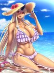  :d bikini blonde_hair breasts cloud collarbone dark_skin day fang flower frilled_bikini frills gigantic_breasts hand_on_headwear hat hat_flower highres horizon horn long_hair looking_at_viewer momiji_mikan monster_musume_no_iru_nichijou navel ogre open_mouth outdoors partially_submerged pink_bikini red_eyes shiny shiny_skin sitting smile solo sun_hat swimsuit tionishia underboob very_long_hair wariza water 