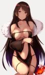  1girl arm_across_waist bangs bare_shoulders black_dress breasts brown_hair center_opening choker collarbone consort_yu_(fate) dress earrings fate/grand_order fate_(series) fire fur-trimmed_jacket fur_trim highres jacket jewelry long_hair looking_at_viewer medium_breasts multiple_earrings navel parted_lips red_eyes revealing_clothes saisarisu sidelocks solo stomach strapless strapless_dress very_long_hair 