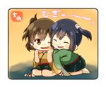  ^_^ ^o^ artist_name blue_eyes brown_eyes brown_hair cheek-to-cheek chibi closed_eyes commentary_request green_hakama green_kimono hakama highres hiryuu_(kantai_collection) hug hug_from_behind japanese_clothes kantai_collection kimono kneeling multiple_girls one_eye_closed one_side_up open_mouth seiza short_hair sitting smile souryuu_(kantai_collection) taisa_(kari) twintails wide_sleeves yellow_kimono 