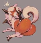  anus butt canine dusk_lycanroc female feral grin mammal nintendo pok&eacute;mon presenting presenting_hindquarters pussy simple_background smile solo tingtongten video_games 