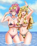  arm_up armpits bikini black_bikini blonde_hair blue_eyes bracelet breasts cleavage cloud covered_nipples cowboy_shot eyewear_on_head fingernails front-tie_top grin idolmaster idolmaster_cinderella_girls jewelry jougasaki_mika kei_(milky_well) large_breasts long_fingernails long_hair looking_at_viewer micro_bikini mismatched_bikini multiple_girls nail_polish necklace o-ring o-ring_bottom ocean one_eye_closed ootsuki_yui pendant pink_hair ponytail shiny shiny_skin sky smile sunglasses swimsuit v_over_eye wading waving yellow_eyes 