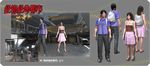  1boy 1girl alternate_costume backpack city_shrouded_in_shadow day destruction fire granzella ken_misaki night outside sandals skirt train tree yuki_kano 