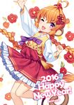  2016 :3 :d ahoge animal_ears bangs blush boots braid clenched_hand commentary dress english eyebrows_visible_through_hair feet_out_of_frame floral_print flower hair_ornament hair_ribbon highres jenevan long_hair long_sleeves looking_at_viewer monkey_ears monkey_girl monkey_tail new_year one_eye_closed open_mouth orange_dress orange_hair original outstretched_arm purple_eyes red_skirt ribbon skirt smile solo tail tress_ribbon v-shaped_eyebrows white_background 