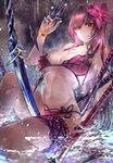  bare_shoulders between_legs bikini breasts cleavage collarbone fate/grand_order fate_(series) flower hair_flower hair_in_mouth hair_ornament highres kunai large_breasts long_hair navel open_mouth partially_submerged polearm purple_hair red_eyes scathach_(fate)_(all) scathach_(swimsuit_assassin)_(fate) side-tie_bikini signo_aaa sitting solo spear swimsuit thigh_strap weapon 