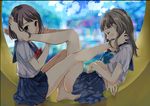  bare_legs barefoot black_eyes blush brown_hair closed_eyes feet foot_on_face from_side highres legs light_smile long_hair matsuzaki_miyuki multiple_girls original pleated_skirt rain school_uniform serafuku short_hair sitting skirt smile toes window 