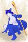  2017 anthro blue_fur blue_hair breasts canine female fox fur green_eyes hair jewelry krystal looking_at_viewer mammal melee_weapon naturally_censored nintendo nude polearm solo staff star_fox starfighter video_games weapon 