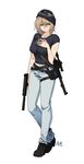  balaclava belt between_breasts black_shirt blonde_hair blue_eyes breasts denim full_body gun hand_on_own_chest holster jeans large_breasts looking_back mask navel original pants playerunknown's_battlegrounds rifle shirt solo strap_cleavage sungwon sweat t-shirt walking weapon 