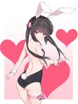 animal_ears ass bare_back bare_legs bare_shoulders black_hair black_leotard blush bow breasts bunny_ears bunny_tail bunnysuit commentary_request cowboy_shot debutya_aki detached_collar eyebrows_visible_through_hair fake_animal_ears from_behind gradient gradient_background hair_ribbon heart leotard long_hair looking_at_viewer looking_back ribbon senki_zesshou_symphogear shiny shiny_skin small_breasts strapless strapless_leotard tail thigh_strap tsukuyomi_shirabe twintails wrist_cuffs 