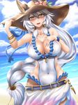  :d animal_ears bare_shoulders beach blush braid breasts brown_eyes cat_ears cleavage cloud cloudy_sky collarbone commentary_request covered_navel cowboy_shot day ears_through_headwear erune granblue_fantasy hair_between_eyes hair_intakes hair_tubes hat heles highres large_breasts long_hair looking_at_viewer open_mouth outdoors sarong silver_hair single_braid sky smile solo sun_hat tama_(tamakaka1031) very_long_hair 