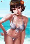  abs absurdres beach bikini blue_sky breasts breasts_apart brown_eyes brown_hair cleavage dandon_fuga day flower hair_flower hair_ornament halterneck hand_on_hip highres leaning_forward looking_at_viewer medium_breasts navel niijima_makoto ocean outdoors paid_reward patreon_reward persona persona_5 recording short_hair sky smile solo stomach swimsuit thigh_gap toned white_bikini 