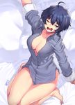  ahoge arm_at_side artist_name bangs bare_legs barefoot bed_sheet black_hair blue_eyes blue_shirt breasts cleavage collarbone collared_shirt dress_shirt eyebrows_visible_through_hair hair_between_eyes half-closed_eyes hand_up jjune long_sleeves medium_breasts messy_hair no_bra on_bed one_eye_closed open_clothes open_mouth open_shirt original pajamas pillow shirt short_hair sitting sitting_on_bed sleepy sleeves_pushed_up solo stretch tearing_up tears teeth thigh_gap tongue waking_up wariza yawning 