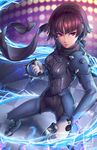  artist_name aura blurry brass_knuckles brown_hair covered_navel depth_of_field fighting_stance gloves kaijuicery looking_at_viewer niijima_makoto persona persona_5 red_eyes scarf serious short_hair shoulder_spikes solo spikes weapon 