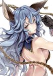  animal_ears back bangs bare_shoulders blue_hair blush breasts brown_eyes bunny_ears commentary_request earrings erune ferry_(granblue_fantasy) from_behind gloves granblue_fantasy hair_between_eyes holding holding_weapon jewelry kakao_rantan long_hair looking_at_viewer looking_back medium_breasts open_mouth sideboob simple_background solo wavy_hair weapon whip 