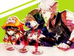  2boys beans brown_eyes brown_hair chin_rest chipp_zanuff chopsticks collar earrings fingerless_gloves food gloves guilty_gear guilty_gear_xrd hat holding holding_chopsticks hood horn jewelry long_hair may_(guilty_gear) motion_blur multiple_boys orange_hat pirate_hat raven_(guilty_gear) red_eyes short_hair silver_hair skull_and_crossbones suzunashi white_hair 