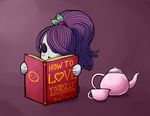 &lt;3 animate_inanimate blush book button_(fastener) cup doll english_text female frown glum_plum hair humanoid living_doll not_furry outta_sync purple_hair reading simple_background smile tea_cup teapot text 