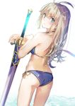  :/ alternate_hairstyle artoria_pendragon_(all) ass back bikini blonde_hair blue_bikini blurry blush commentary_request depth_of_field excalibur fate/stay_night fate_(series) from_behind green_eyes long_hair looking_at_viewer looking_back revision saber side-tie_bikini solo swimsuit sword v-shaped_eyebrows weapon yuugen 