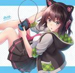  alternate_costume artist_name axent_wear black_skirt brown_eyes brown_hair cat_ear_headphones commentary_request from_side handheld_game_console headphones holding hood hood_down hoodie kantai_collection looking_at_viewer morigami_(morigami_no_yashiro) nintendo nintendo_switch open_clothes open_hoodie open_mouth pleated_skirt sendai_(kantai_collection) shirt short_hair skirt sleeves_folded_up solo twitter_username two_side_up 