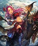  boots cloud dragon horns long_hair looking_at_viewer midriff navel pink_hair pointy_ears red_eyes riding shingeki_no_bahamut solo thigh_boots thighhighs weapon yui_(niikyouzou) 