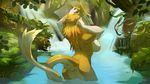  breasts butt forest fur green_eyes lingrimm looking_at_viewer sergal smile solo tan_fur tree water yellow_fur 