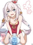  ball beachball blue_eyes breasts cleavage crab_on_head fate/grand_order fate_(series) full_body hat highres long_hair looking_at_viewer marie_antoinette_(fate/grand_order) marie_antoinette_(swimsuit_caster)_(fate) open_mouth ramchi red_swimsuit seashell shell silver_hair sitting small_breasts smile solo starfish swimsuit twintails wariza 