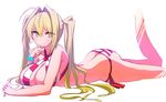  ahoge alternate_hairstyle ass bikini blonde_hair breasts butt_crack cleavage criss-cross_halter fate/extra fate/grand_order fate_(series) green_eyes hair_intakes halterneck highres himo huge_ahoge large_breasts long_hair nero_claudius_(fate)_(all) nero_claudius_(swimsuit_caster)_(fate) red_bikini side-tie_bikini simple_background solo striped striped_bikini swimsuit thighs twintails white_background 