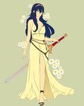  absurdres blue_eyes blue_hair falchion_(fire_emblem) fire_emblem fire_emblem:_kakusei floral_background full_body highres holding holding_sword holding_weapon looking_at_viewer lucina robe sandals solo sword weapon 