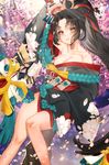  absurdres bad_id bad_pixiv_id black_hair breasts chungu fan hair_ornament highres japanese_clothes kimono large_breasts legs long_hair looking_at_viewer obi onmyoji parted_lips petals ponytail red_eyes sash short_eyebrows solo very_long_hair wide_sleeves youtouhime 