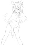  ahoge alice_margatroid animal_ears ascot bangs bare_legs capelet cat_ears cat_tail closed_mouth commentary_request greyscale hair_between_eyes hairband hand_on_hip kemonomimi_mode legs_apart looking_at_viewer monochrome navel nirap no_pants panties pointing pointing_down short_hair side-tie_panties simple_background smile solo standing stomach tail touhou underwear white_background 