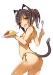 animal_ears ass bikini black_hair breasts cat_ears cat_tail cowboy_shot food from_behind hair_ornament looking_at_viewer one_eye_closed open_mouth original plate ponytail simple_background small_breasts smile solo spoon swimsuit tail thong_bikini white_background x_hair_ornament yanagi_yuu yellow_bikini yellow_eyes 